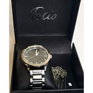Folio Mens Quartz Watch And Necklace Gift Box Set 26" Chain EUC NEW BATTERY 7/26